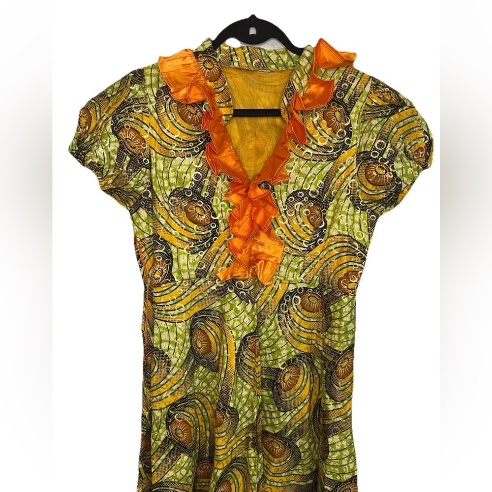 VTG Handmade African Print Maxi Dress Ruffle Puff Sleeve Boho Festival S/M - Picture 14 of 14